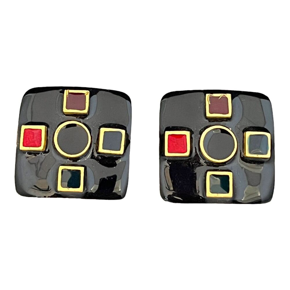 Vintage 1980s Earrings Gold Tone Black Enamel Geometric Design Statement - 2X